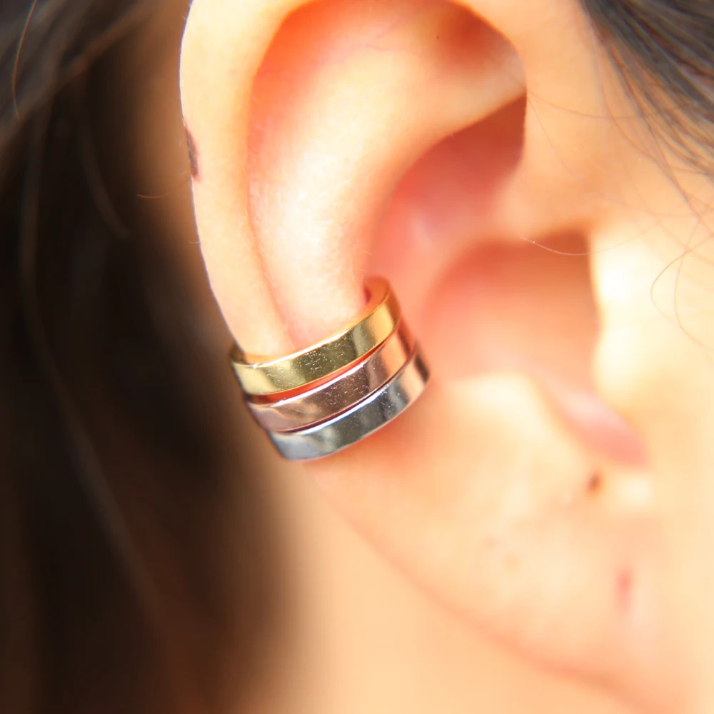100% 925 sterling silver simple circle cuff plain high polished women girl no pierced three color stack cuff earring (14)