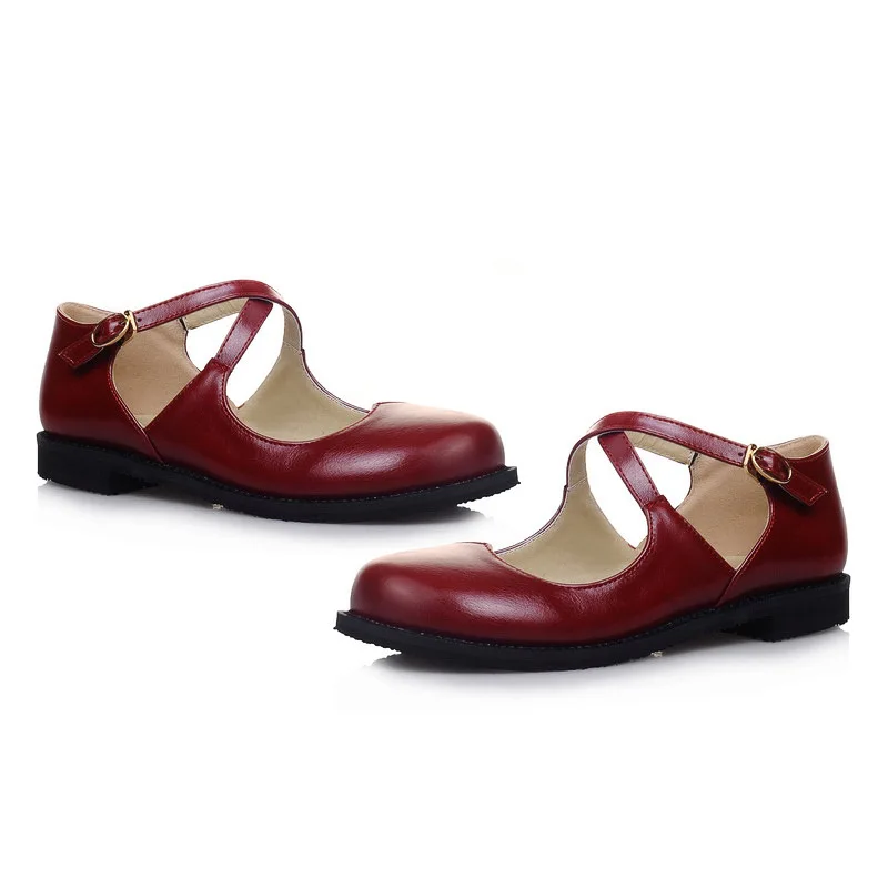 XJRHXJR черный, красный 2018 г. новые милые женские круглый носок повседневные туфли на плоской подошве пряжка с перекрестными ремешками Мэри