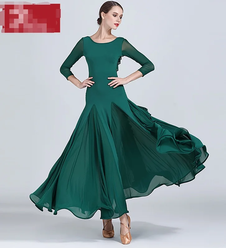 Ballroom Dance Competition Dresses High Quality Long Sleeve Flamenco Skirt Women Stage Ballroom Dress red green yellow S9035