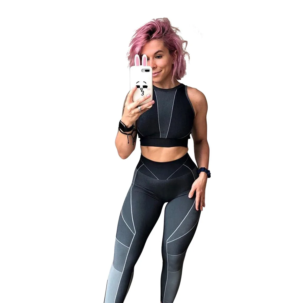 

Women Fitness Clothing Sportswear Woman Gym Leggings Padded Push-up Sports Tank Tops 2 Pcs Sports Suits