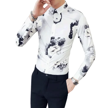 

Long Sleeve Shirt Men Lapel Single Breasted Chinese Style Watercolor Ink Print Fashion Slim Mens Shirt High Quality Korean Shirt