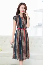 Free Shipping 2017 New Spring Summer Chiffon Dress Fashionable Long Section Plus Size Slim Short Sleeved Striped Fashion