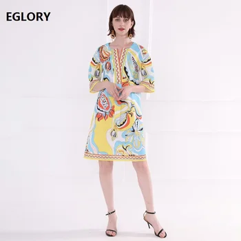 

Latest Designer Fashion Dress 2019 Summer Casual Dress Plus Size Women V-Neck Vintage National Style Print Straight Boho Dress