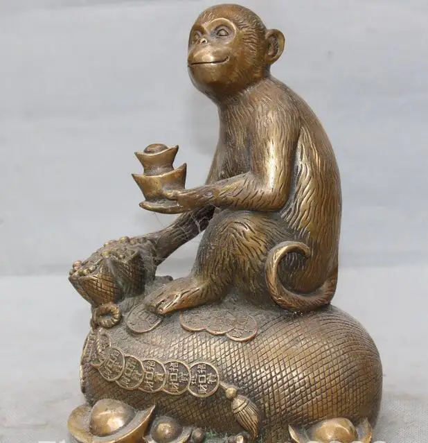 

8" Chinese Folk Feng shui Bronze Wealth Money YuanBao Monkey monkeys Statue