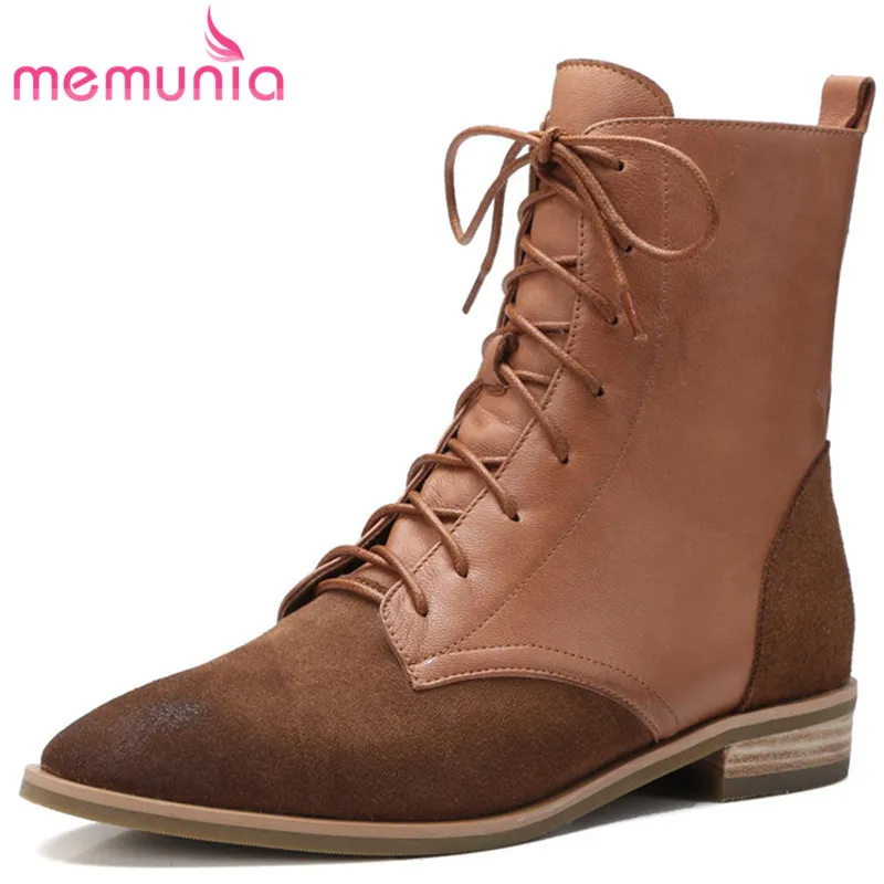 

MEMUNIA 2018 new arrival genuine leather boots women pointd toe autumn winter boots lace up ankle boots low heels shoes woman