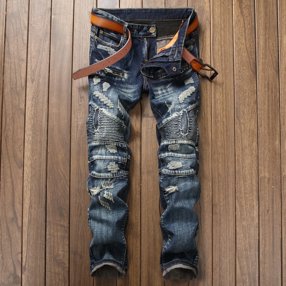 2018 New Biker Men's Zipper Ripped Jeans Men Slim Fit Straight Moto