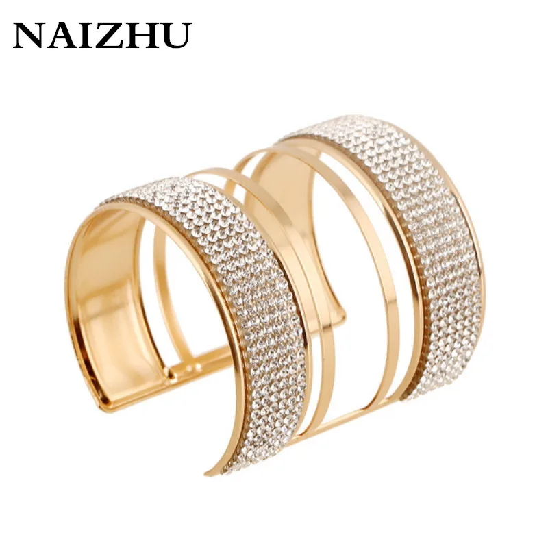 

Gold Color Statement Bridal Bangles for Women Exaggerate Cuff Bracelets Femme Punk Full Crystal Solid Pattern Pulseiras