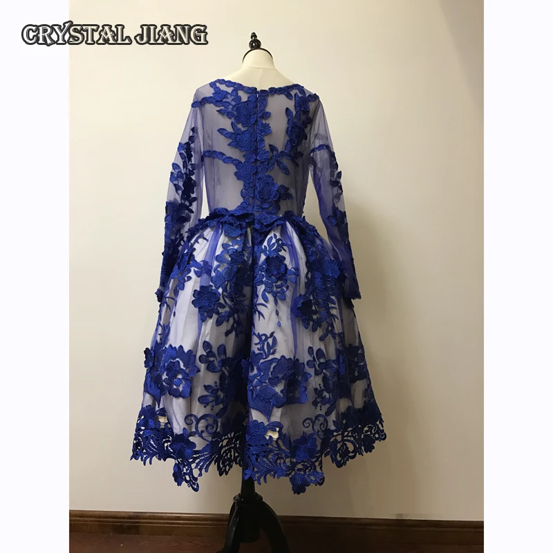 Королевский голубое платье для подружки невесты Длинные рукава до колена 3D Кружева Аппликации vestidos de festa арабские платья
