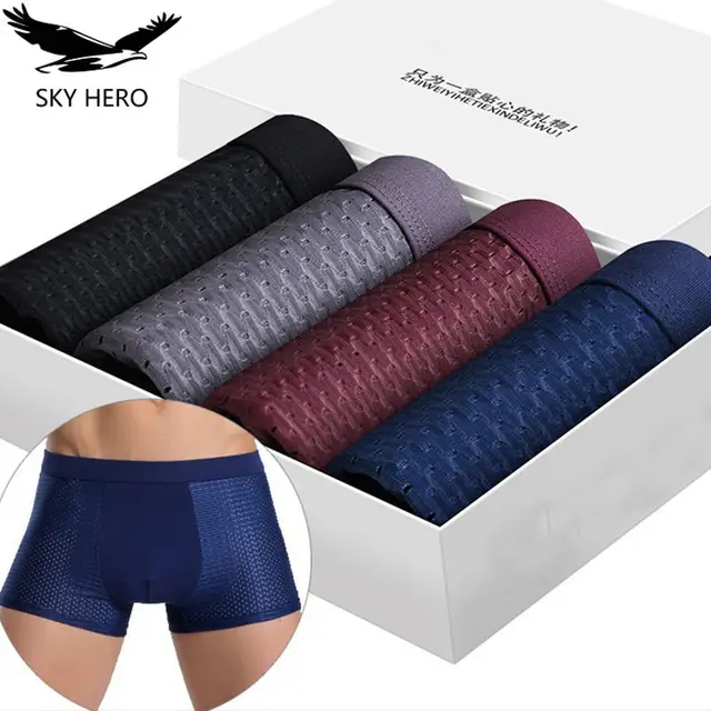 Calzoncillos bóxer de malla de fibra de bambú para hombre, ropa interior, holgados, 4 Uds., 2020 Calzoncillos bóxer de malla de fibra de bambú para hombre, ropa interior, holgados, 4 Uds., 2020