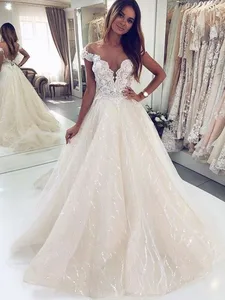 Sparkly Ball Gown Wedding Dresses Off-Shoulder V-Neck Ivory Sequin Lace Long Wedding Gown Bridal Dress