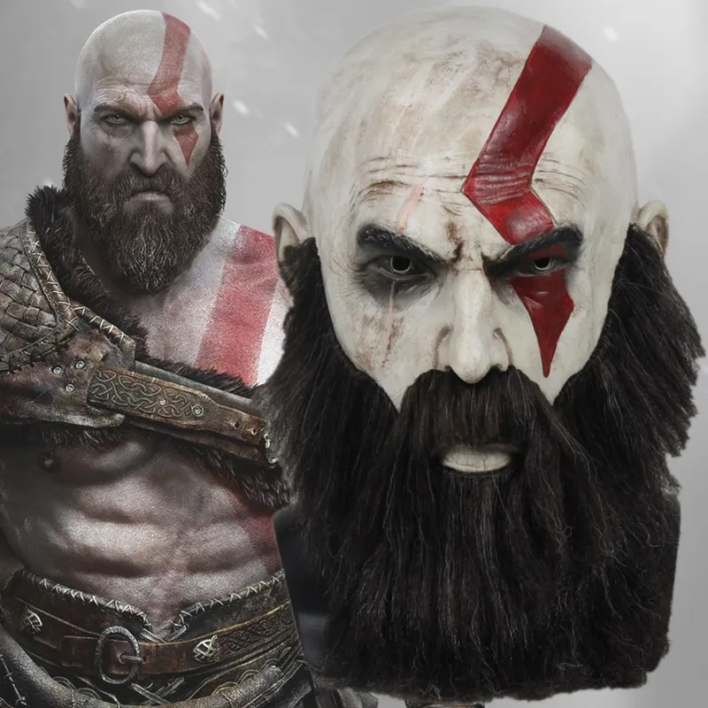 God Of War 4 Mask with Beard Cosplay Kratos Horror Latex Masks Helmet