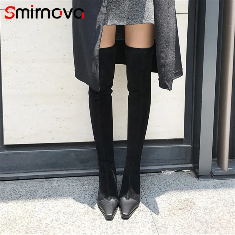 

Smirnova 2018 NEW arrival genuine leather thigh boots zipper shoes woman over the knee boots hot square toe long boots ladies