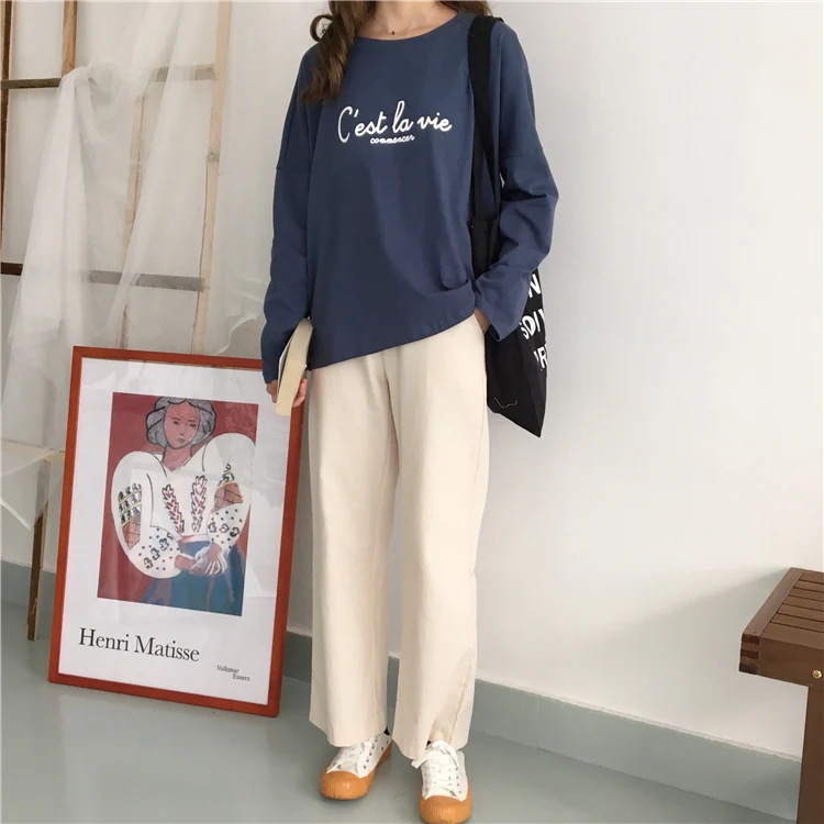 3 цвета, весна, корейский шикарный стиль, винтажные свободные футболки с буквенным принтом и О-образным вырезом, с длинным рукавом, женские футболки(B1167