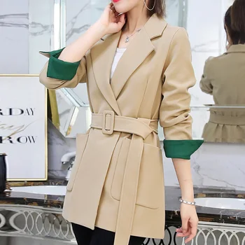 

Spring Autumn Women Black Beige Office Lady Blazer Fashion Belt Sashes Sleeve Jackets Elegant Work Blazers Feminino