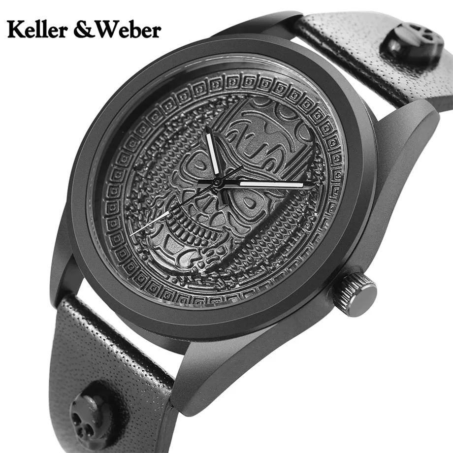 

Keller&Weber Skull Head Stainless Steel Men Watches Ghost Skeleton Ancient Pattern Genuine Leather Quartz KW Watch Casual Clock
