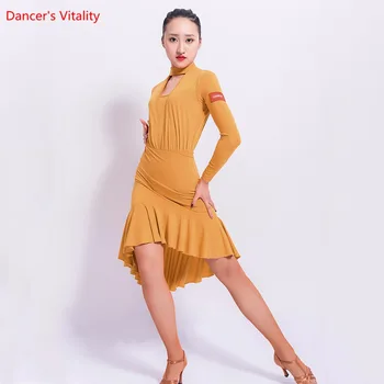 

New Adult Latin Dance Dress Sexy Hollow Out Ruffle Lady Dancing Dresses Women Latin Ballroom Waltz Dance Practice Clothes