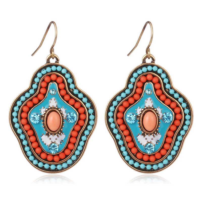 

Shineland 2019 Vintage Earrings Multicolor Beads Geometric Pendant Earrings For Women Jewelry Retro Drop Earrings Gifts