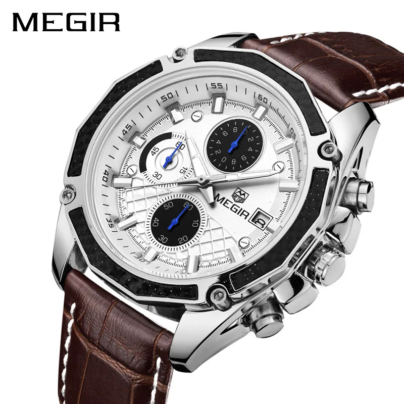 MEGIR Топ бренд оригинальные мужские кварцевые часы военные часы многофункциональные хронограф кожа спортивные часы Relogio Feminino - Цвет: White
