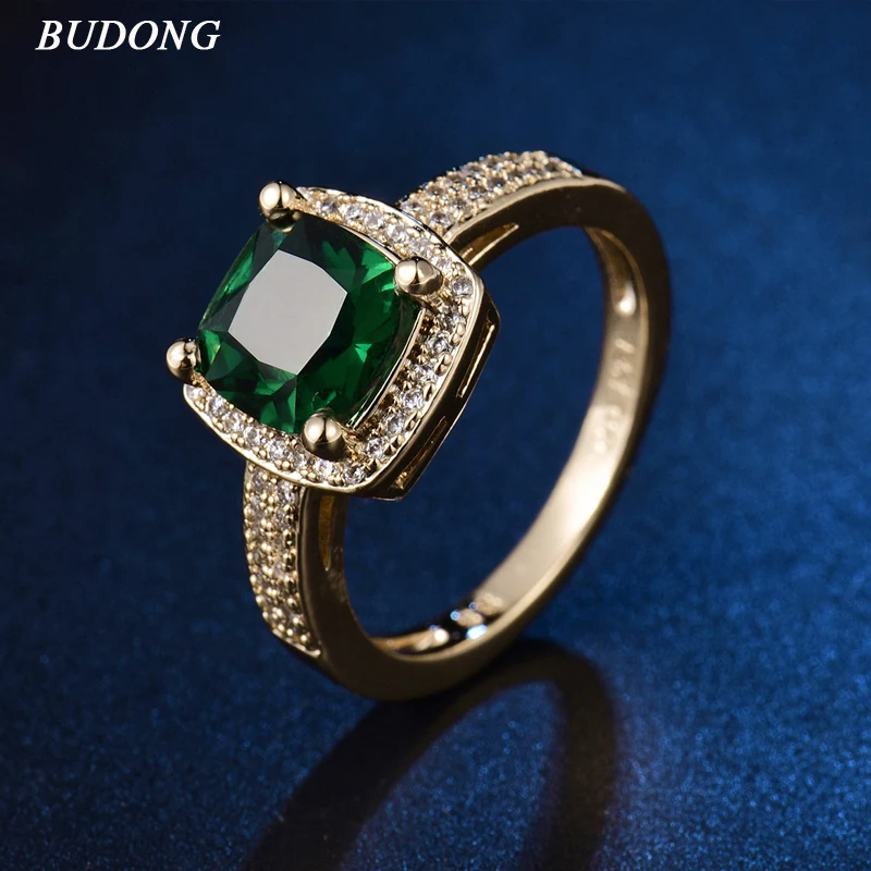 2017 BUDONG Chic Bling Ladies Finger Band Gold Color Ring for Women Princess Green font b
