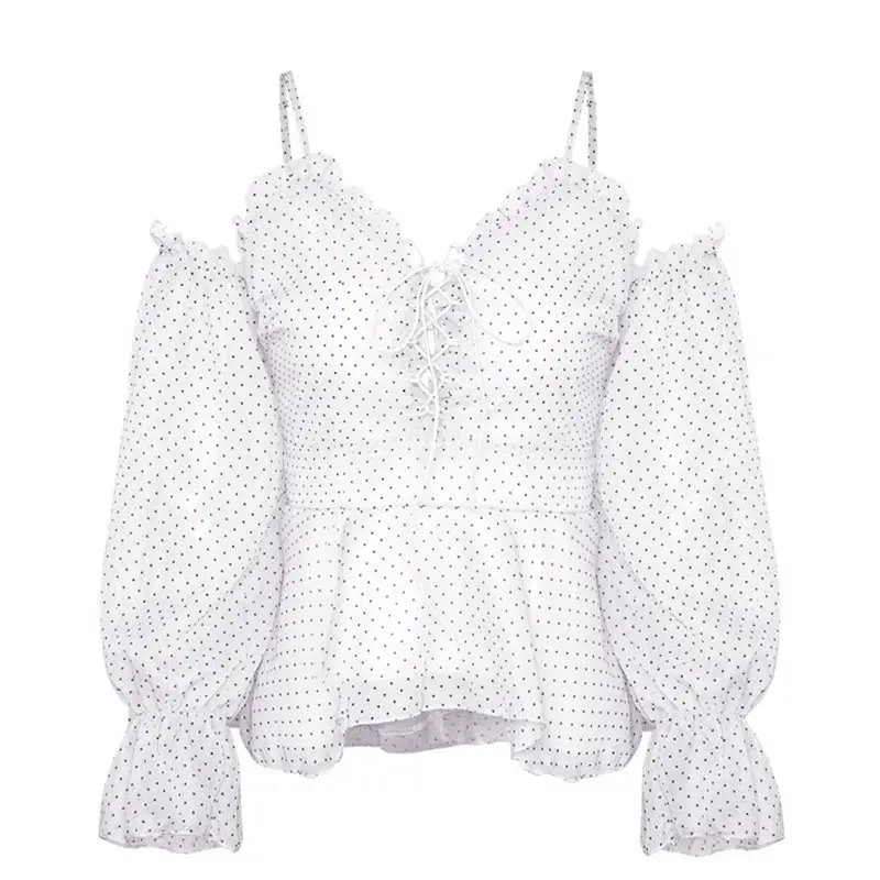 

Off Shoulder Sexy Chiffon Blouse Women White Polka Dot Vintage Elegant Gothic Black Summer Ruffle Lace Up Pink Backless Blouses