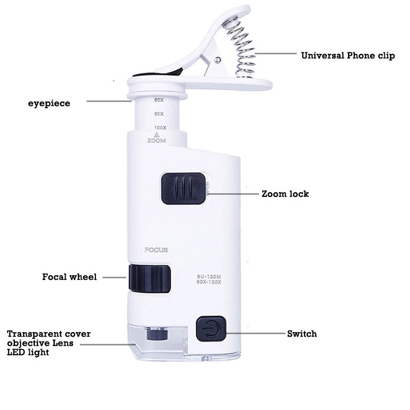 40x-60x/80x-120x Универсальный зум регулируемый сотовый телефон Лупа-микроскоп Лупа с зажимом и светодиодный Ювелирные изделия Лупа
