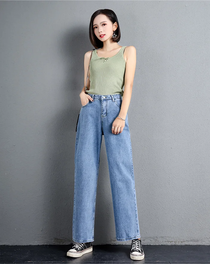 Women Wide-leg Pants Women's High Waist Straight Jeans Women Loose Casual Full Length Zipper Fly With Button Denim Jeans Autumn