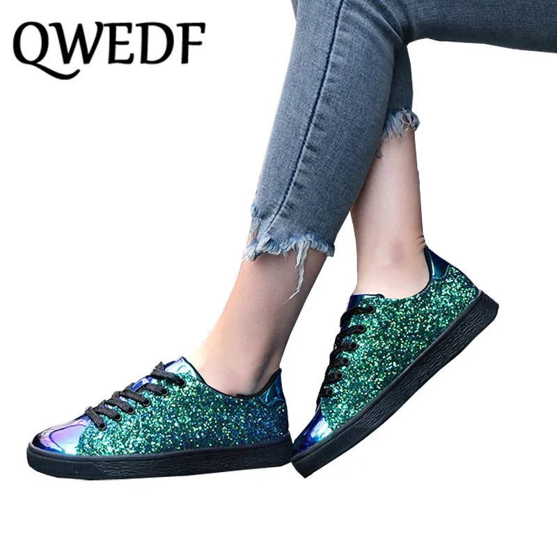 

2019 New Fashion Spring Women Sneakers Casual Flat lace-Up Bling Glitter Shining Green Beautiful Vulcanized Shoes Woman SQ-47