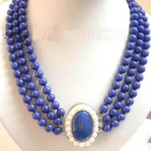 Очень хорошо Потрясающие Очаровательная Драгоценности 3Row Реальные Лазурит белый жемчуг застежка Ожерелье Природного серебра