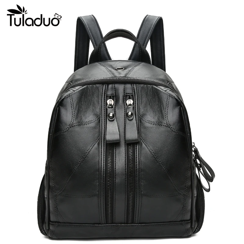 

Genuine Leather Black Backpack Luxury Brand Designed Casual Solid Sheep Skin Schoolbags High Quality Patchwork Large Daypacks