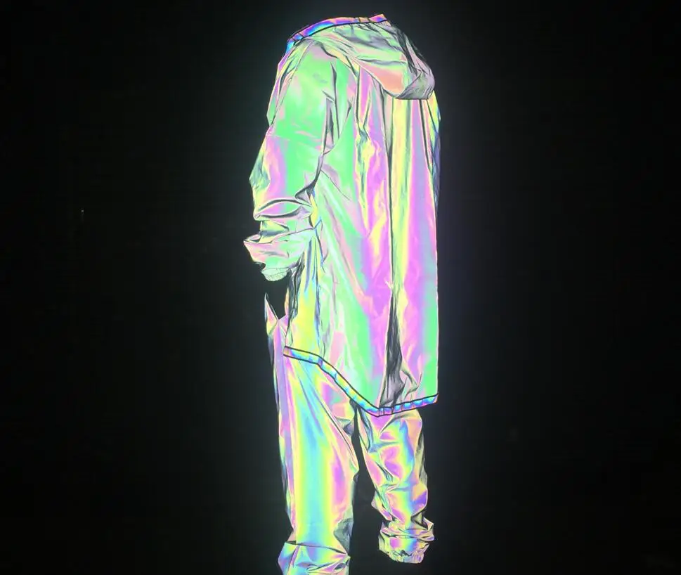 Autumn Winter Men Colorful Reflective Long Coat Irregular Zipper Cloak Ribbon Patchwork Trench Windbreaker Gothic Clothes
