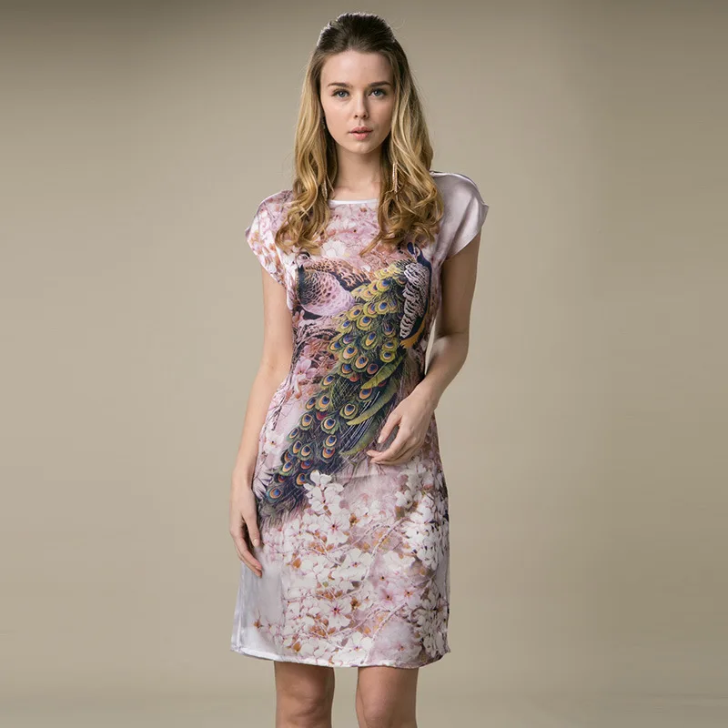 

100% Silk Straight Dress Natural Pure Silk Women Dress Summer New Desigual Charmeuse Satin Dress Flower Printed Pattern Peacock