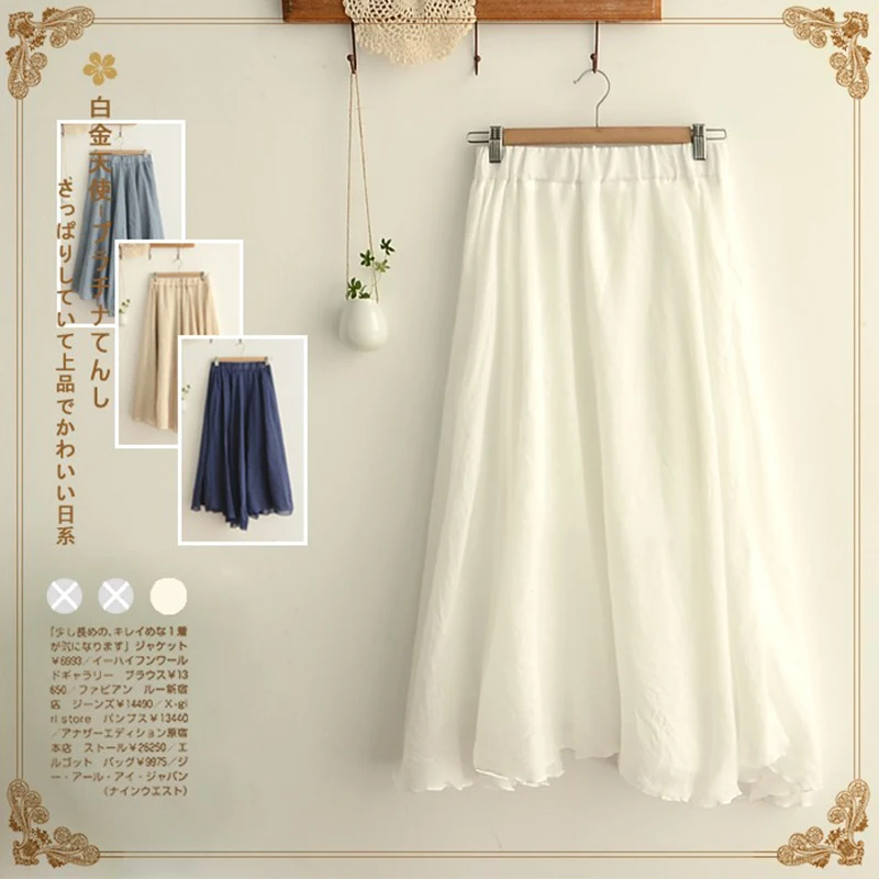 

Spring Autumn Loose Cotton Linen Solid Boho Sunshine Pleated Skirts Women Casual Elastic Waist Female Irregular Skirt U594