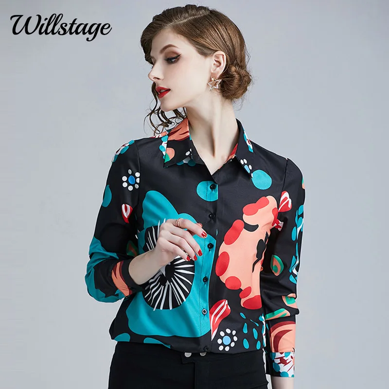  Willstage Women Shirts Floral Printed Pattern Blouse Long Sleeve Office ladies Work Wear Elegant fe