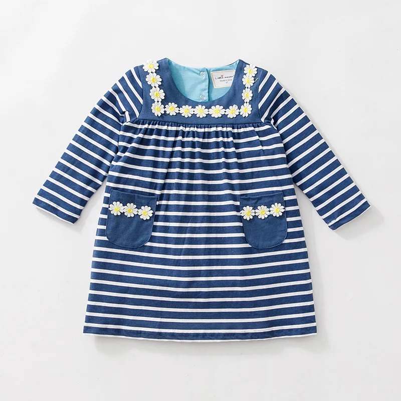 

Little Maven Spring Autumn New Children Long-Sleeved O-neck Blue Striped Floral Pocket Knitted Soft Cotton Girls Casual Dresses