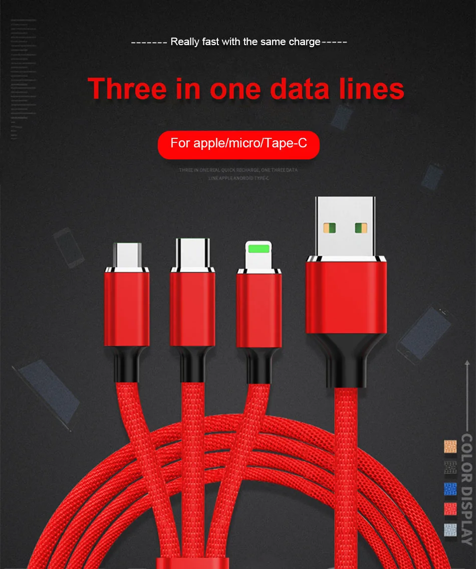 NOHON Lighting Micro USB Type-C 3 in 1 Data Cable For iPhone 7 8 Plus X IOS Samsung Xiaomi LG Phone Fast Charging Cables 1 (1)