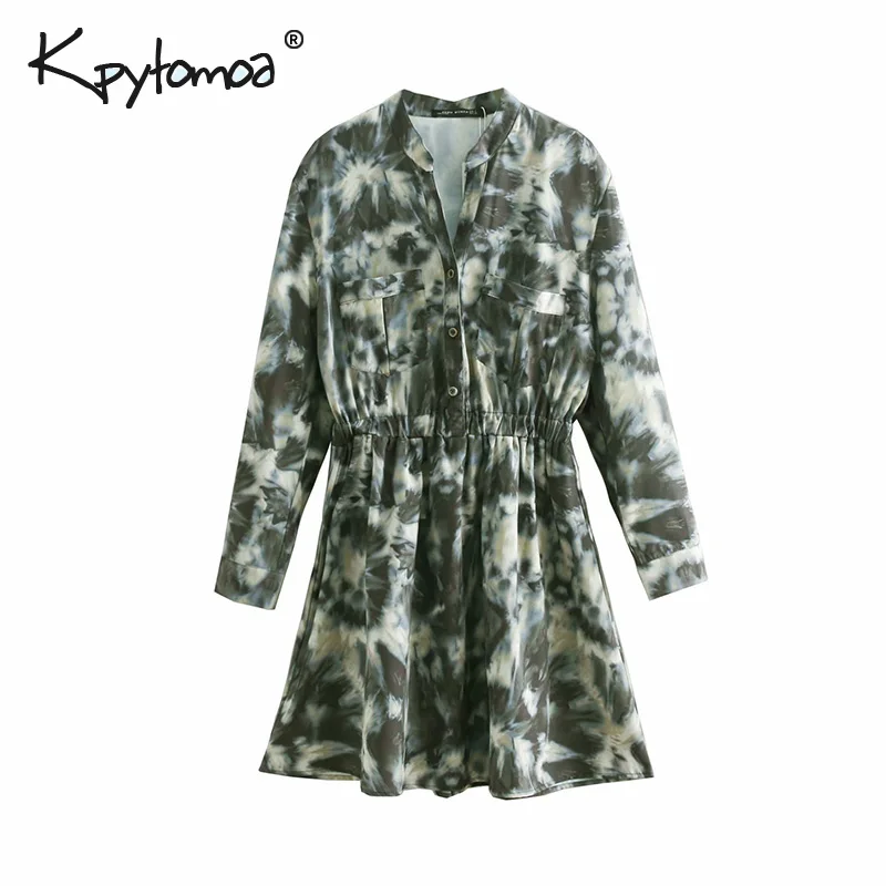 

Vintage Chic Tie Dye Pockets Mini Dress Women 2019 Fashion V Neck Long Sleeve Elastic Waist Pleated Dresses Casual Vestido Mujer