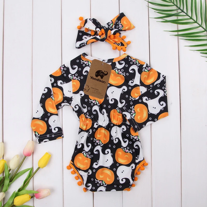 0 to 24 Months Baby Girls Halloween Outfits Set Pumpkin Long Sleeve Romper Headband 2Pcs Toddler Girl Fall Clothes For Children (7)