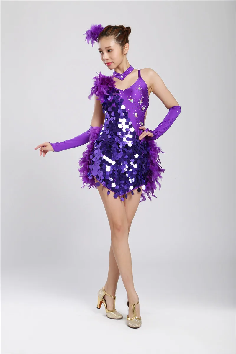 Girl Latin Dance Dresses For Sequin feather style Cha Cha Rumba Samba