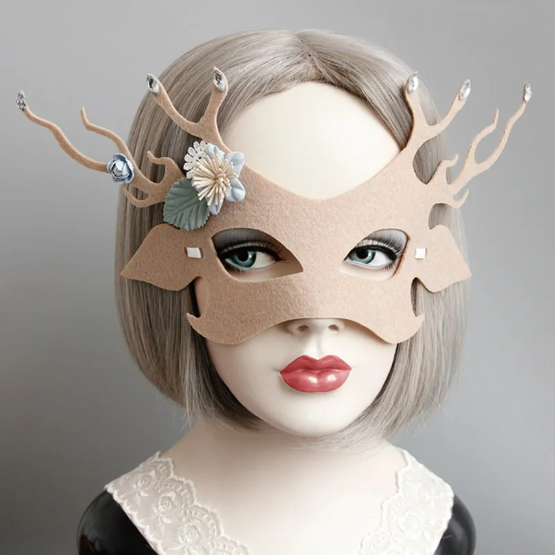 Halloween Holiday Cosplay Mask Reindeer Felt Mask Vintage Coffee Face Mask Masquerade Christmas