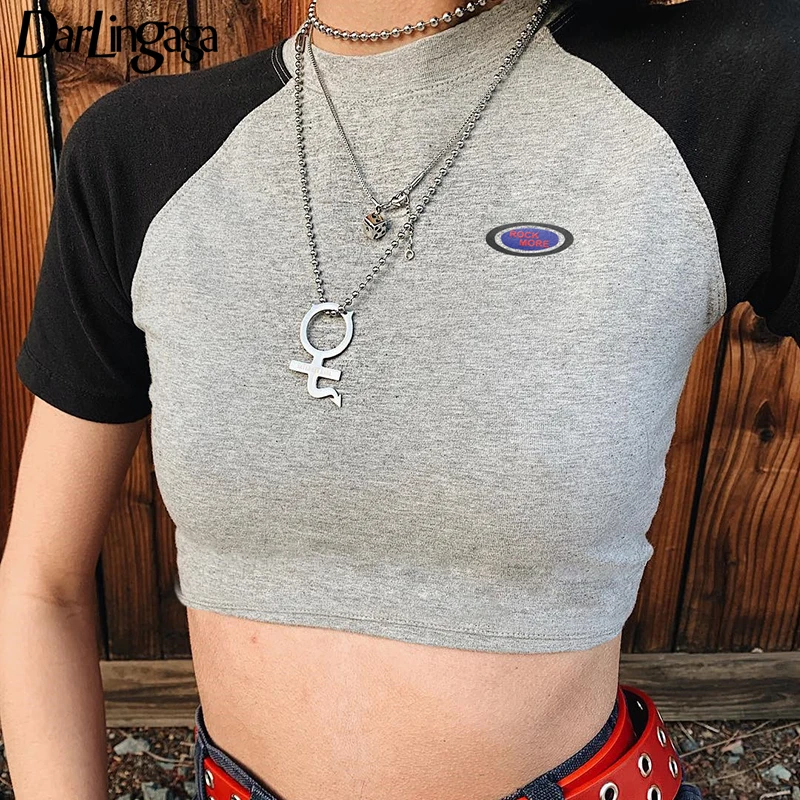 

Darlingaga Cotton casual short sleeve female t-shirt printed crop top contrast color bodycon summer t shirt 2019 tee shirt femme