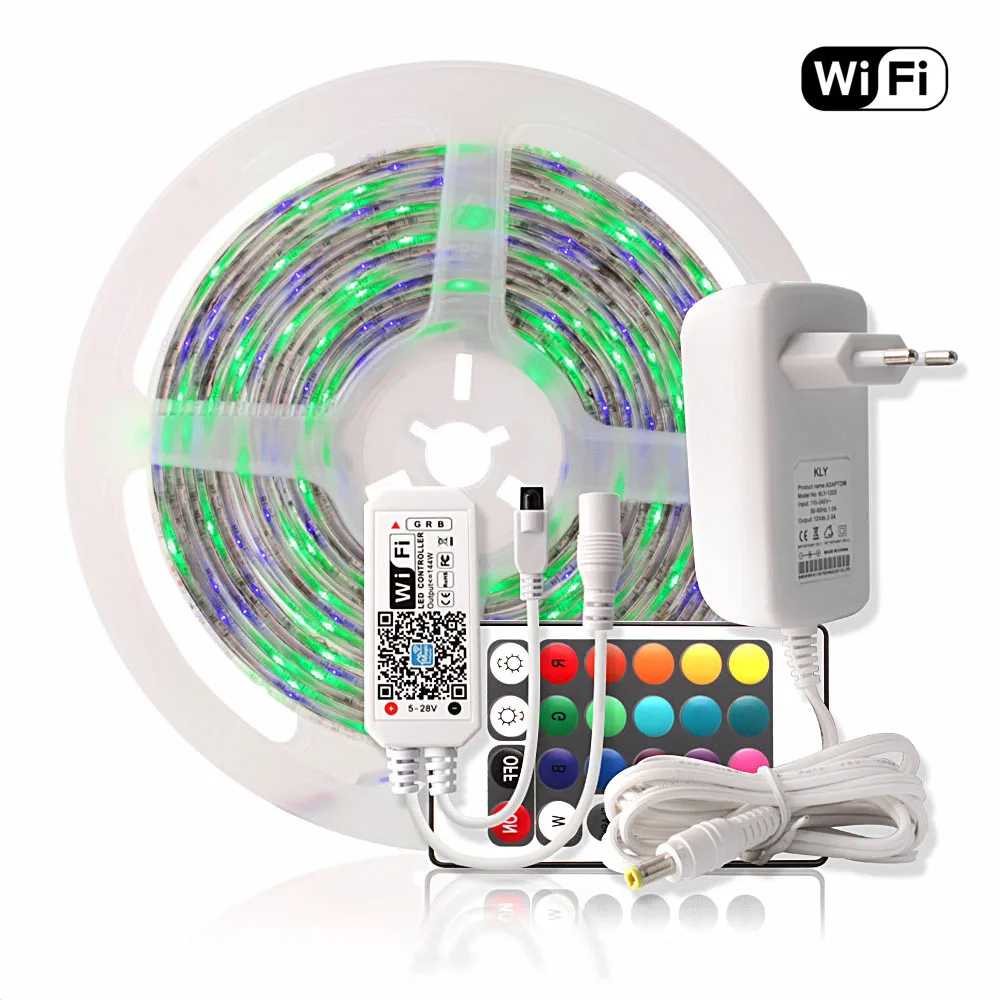 

WIFI LED Strip Waterproof 2835 5M RGB Tape Tira LED Strip 220V Neon Ribbon Light + 24Key Remote Controller 12V Power Adapter Set