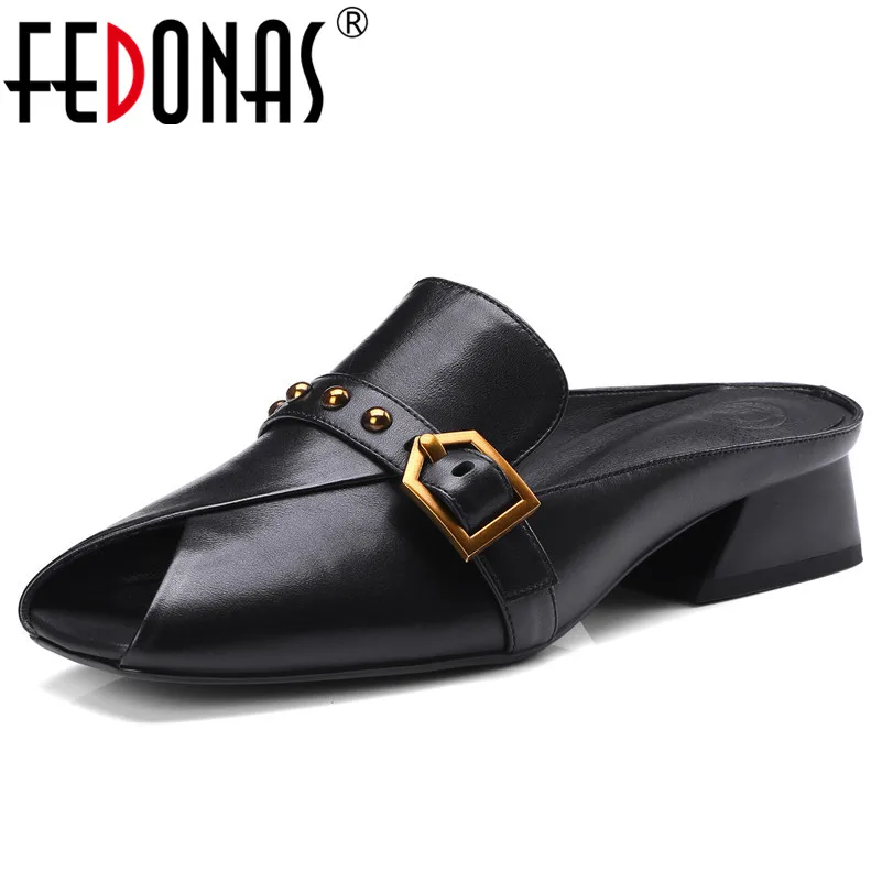 

FEDONAS Fashion Brand Women Basic Mules Shoes Genuine Leather Peep Toe Summer Shoes Woman Rivets Buckles Comfort Casual Shoes