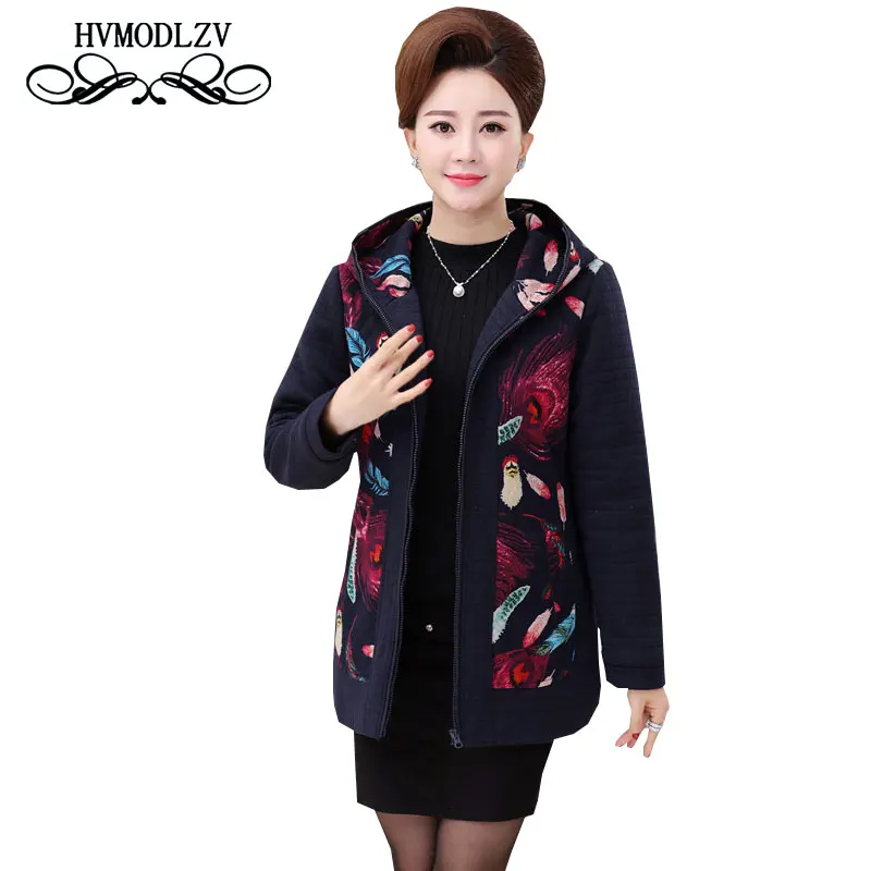 

Autumn Winter Women Middle Aged Mother Plus Size Loaded Printing Short Cotton Jacket 2017 Hooded Light Thin Cotton Jacket ls276