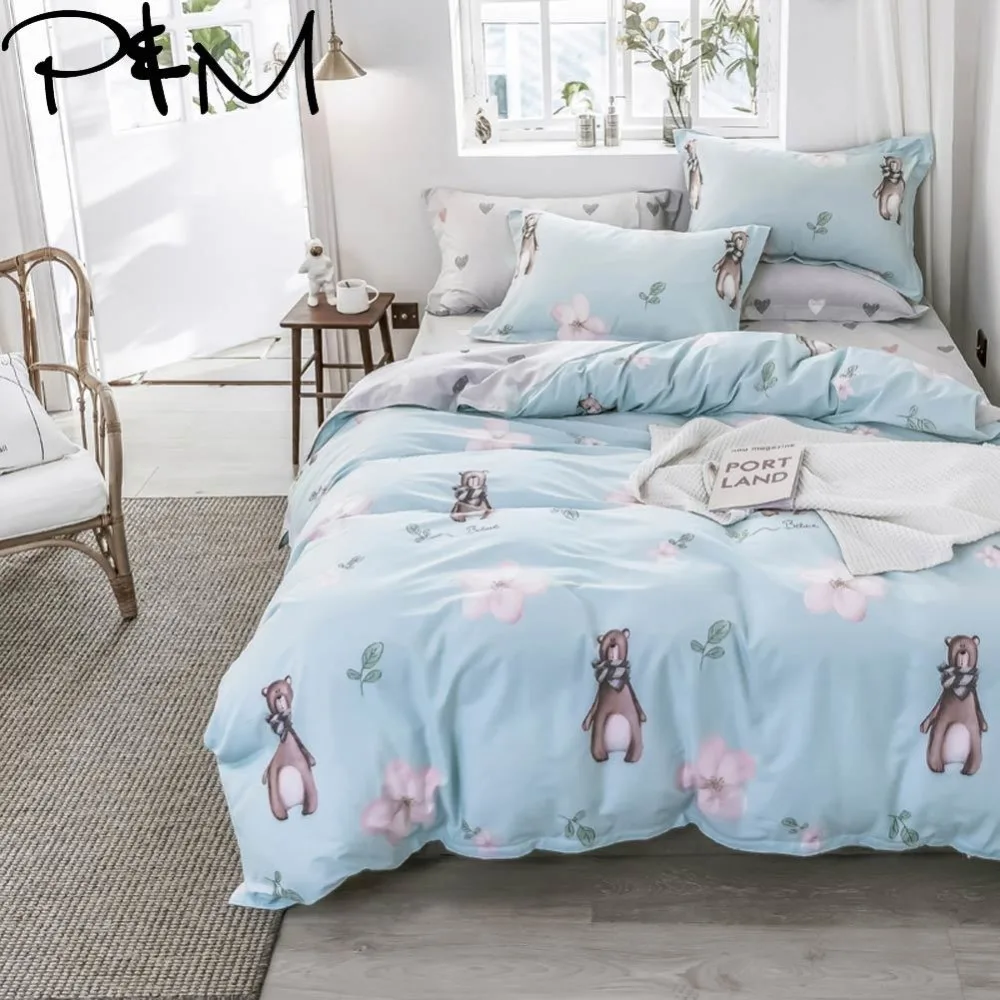 

PAPA&MIMA Cartoon style Bear and flower print bedding sets cotton Twin Single Queen Size duvet cover bedsheet pillowcases