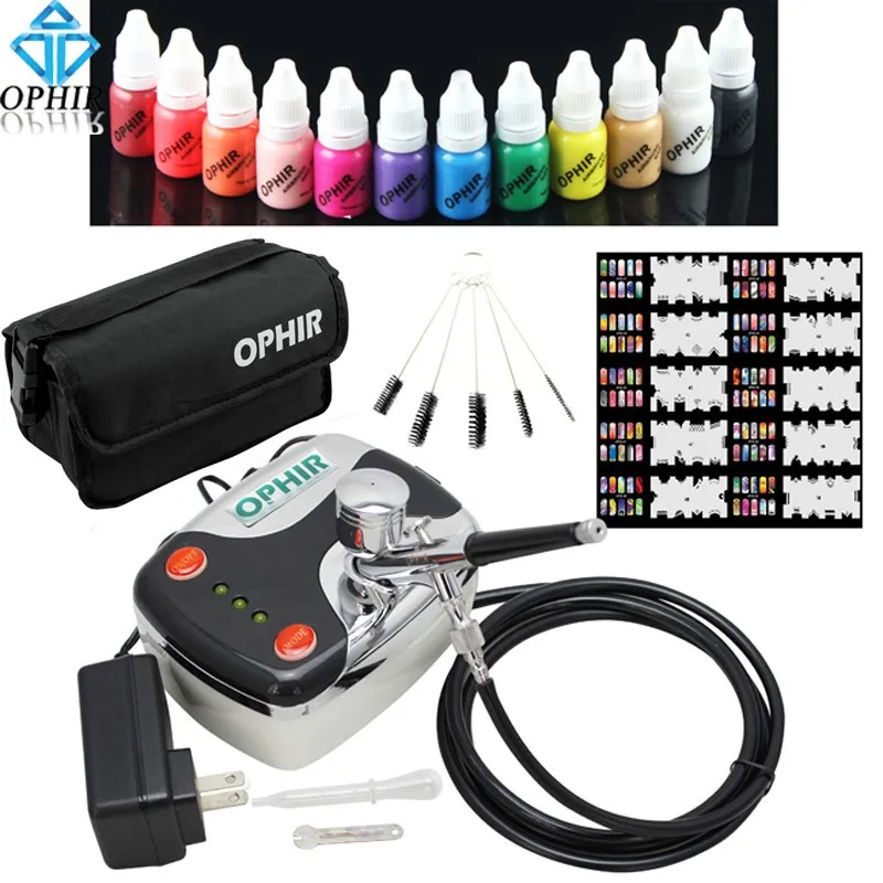Ophir 0.3mm Prego Kit com Compressor de ar 12 Tintas do Prego do Airbrush 20x Nail Art Stencils & Bolsa & Escova de Limpeza de Unhas Tools_op-na001p 8 Cheap Equipamento de unhas artísticas