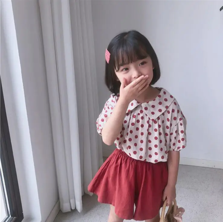 

2019 New Girls 2 Pcs Set Dots Blouse+Shorts Cotton Summer Fashion Girls Suits 2-7t PV65
