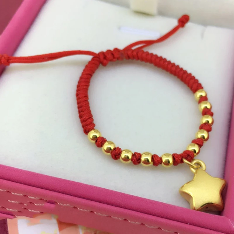 

Pure 24k Yellow Gold Women 3D Luck Shining Star Pendant Red Weave Bracelet