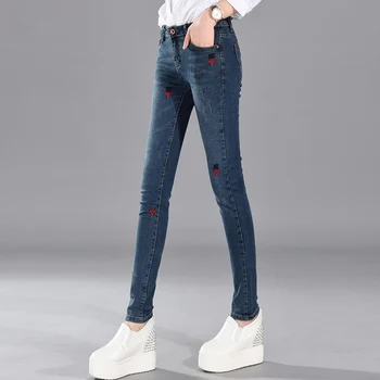 

Women Jeans 2019 Spring Autumn New Korean Embroidery Slim Stretch Blue Pencil Pants Plus Size Trousers Casual Skinny Jeans