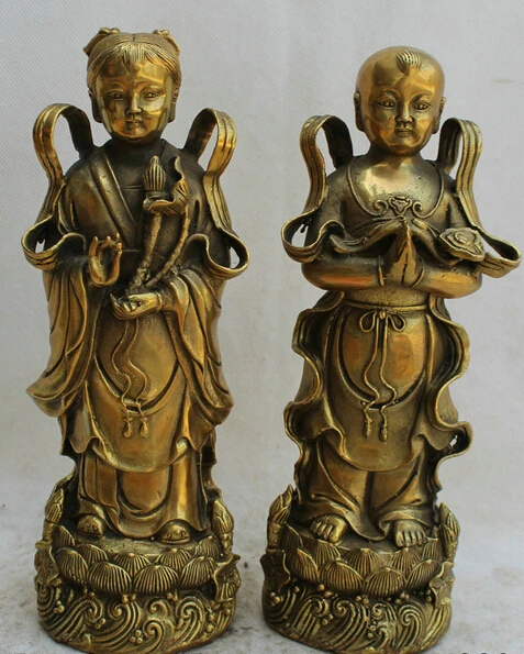 

JP S62 10" Chinese Brass Ru Yi bless stand lotus Tong Zi Boy Girl moppet Statue Pair Discount 35%