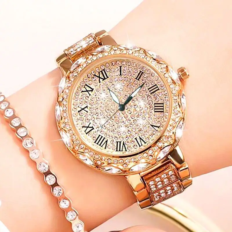

Women Luxury Diamond Watch Roman Number Stainless Steel Quartz Wristwatch Ladies Female Crystal Rhinestone Watches Elegant Clock